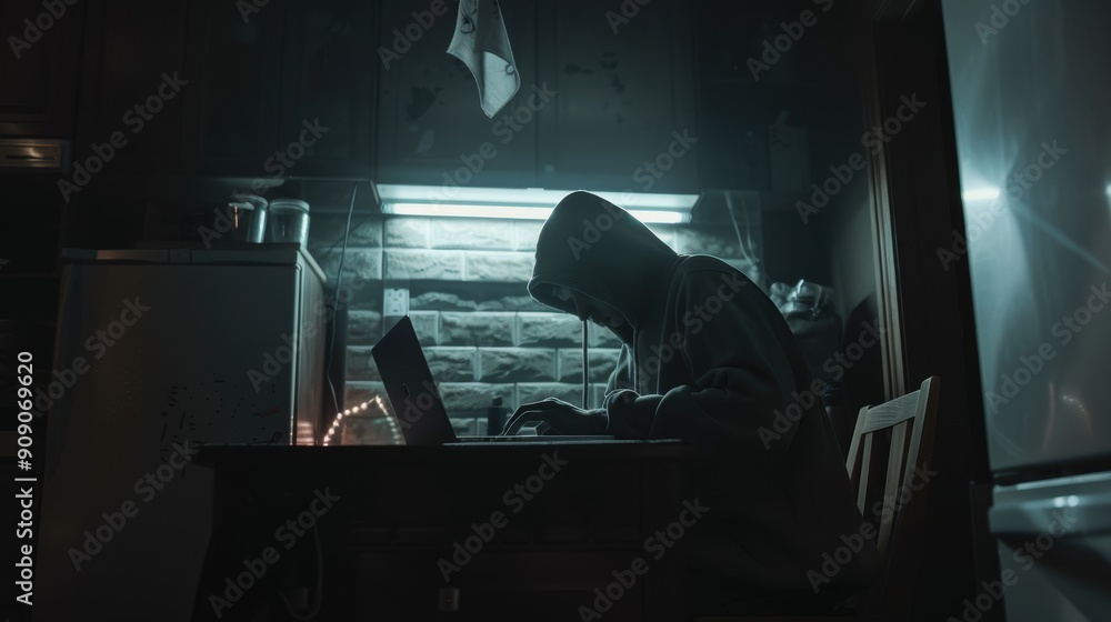 Poster hooded hacker works on a laptop in a dim room, embodying cyber crime and security threats. focused o