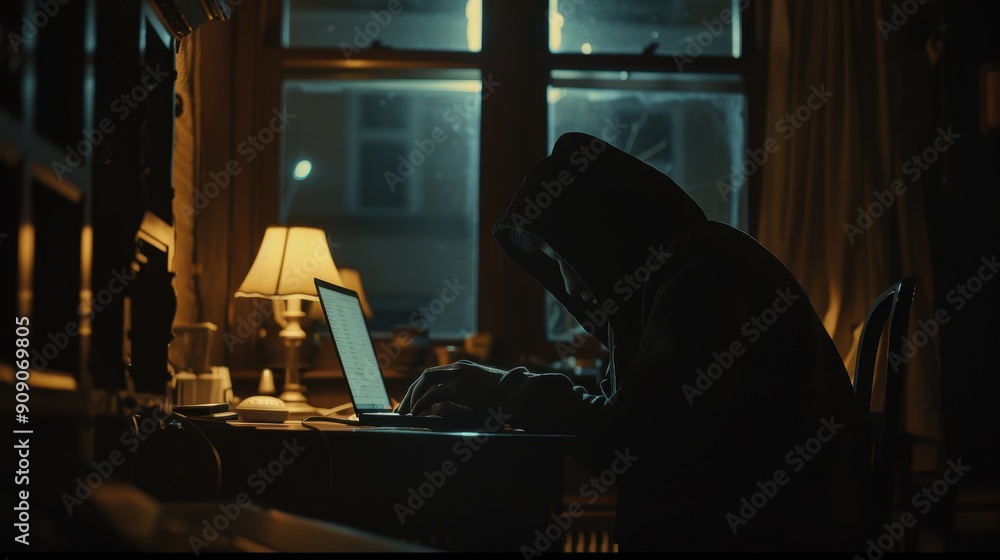 Poster hacker engrossed in coding in a dimly lit room at night, with the laptop screen casting a glow, expl