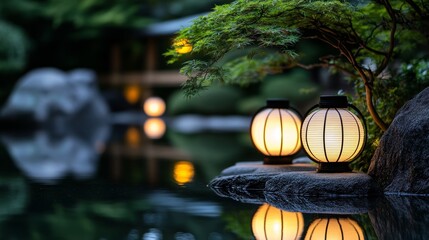 Two glowing lanterns illuminate a serene pond with reflections in the still water. Tranquil Japanese garden scene at dusk.