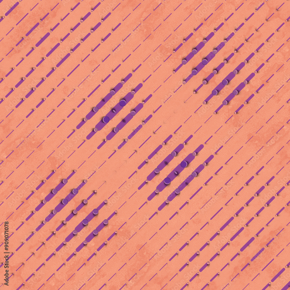 Poster Elegant orange background with purple stripes and symmetrical pattern of colored spheres. 3d rendering illustration