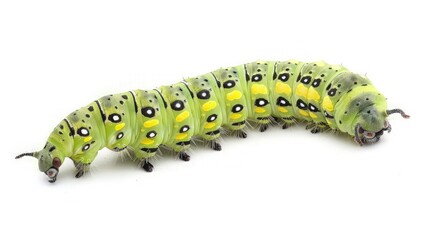 Fototapeta premium Green Caterpillar with Yellow Spots on a White Background