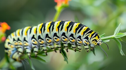 Fototapeta premium Close-Up of a Black, Yellow, and White Caterpillar on a Green Branch