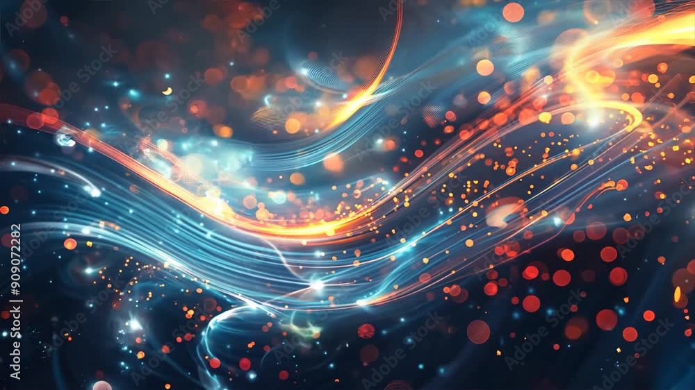 Poster abstract background with swirling lines and glowing dots representing data flow