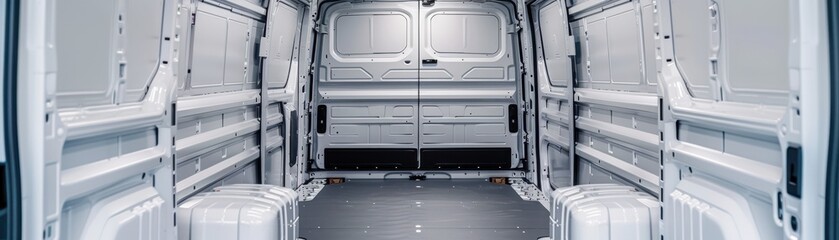 Interior of a large van showcasing a spacious, clean, and organized cargo area ready for transportation needs.