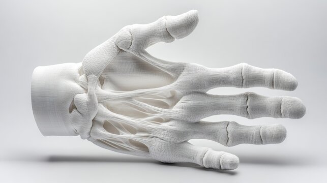 A white, anatomical model of a human hand with visible bones and tendons.
