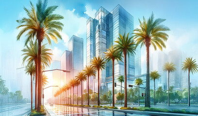Fototapeta premium Watercolor painting of tall skyscrapers standing tall on the city center skyline, seen through palm trees along the streets.