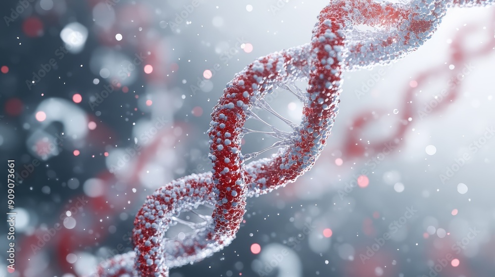 Poster a close-up of a dna double helix, rendered in a futuristic style with glowing particles surrounding 