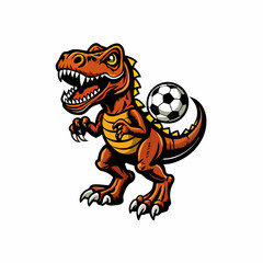 A Tyrannosaurus Rex wearing a football uniform and helmet,  playing American football.