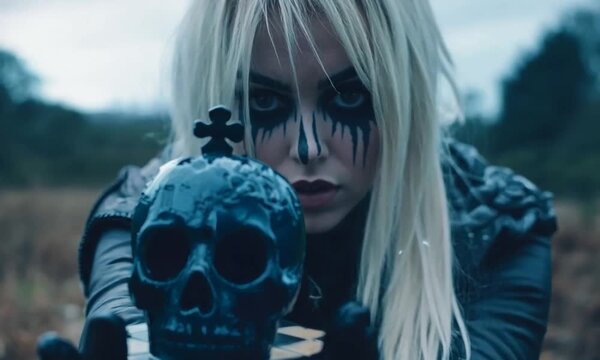 A woman is holding a skull in her hand