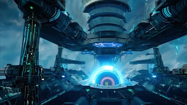 A space shuttle is shown from the inside, with a blue sky in the background