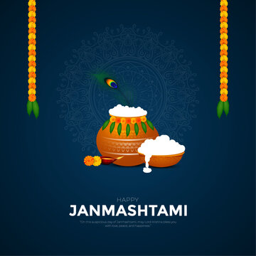 Happy Khrishna Janmashtami and dahi handi Hindu festival of happy shree lord krishna god born with janmashtami text and gradient background. abstract vector illustration design.