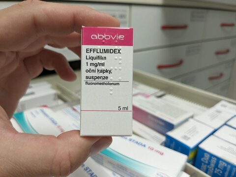 Prague, Czech Republic - July 13, 2024: EFLUMIDEX ABBVIE eye drops with FLUOROMETHOLONE active substance by ABBVIE, used for anti-inflammatory eye treatment.