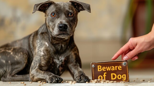 A curious dog relaxes near a cautionary sign about its playful nature