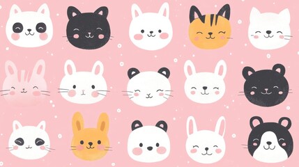 Fototapeta premium A Pink Background with Multiple Cute Cartoon Animal Faces
