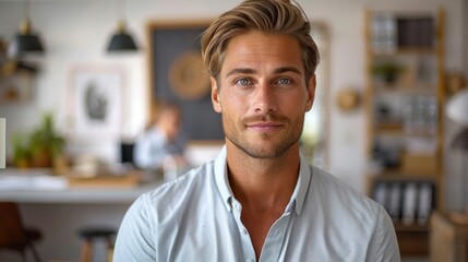 Obraz premium A confident young man poses warmly in a bright, inspiring office