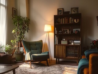 A simple living room in warm retro tones.