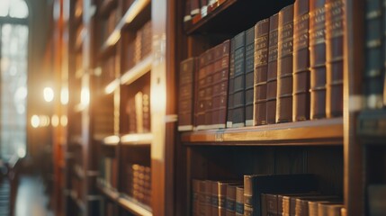 Old hardback law books in rows on wooden library bookshelves with shallow depth of field