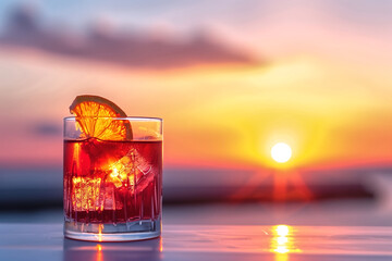 Refreshing Cocktail with Orange Slice on Ice at Sunset with Vibrant Sky and Ocean in Background