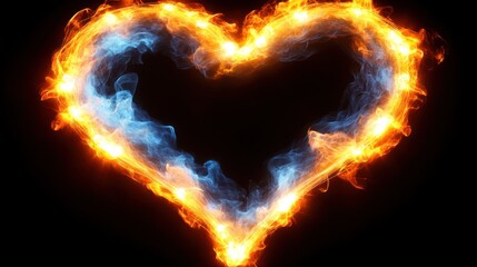 Bright flames create a heart shape glowing in the darkness