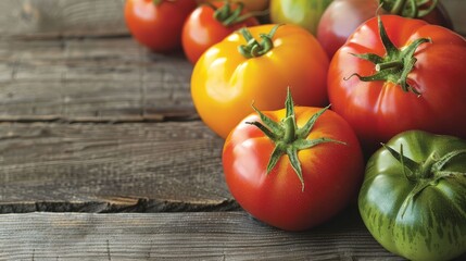 Heirloom tomatoes on a wooden table, natural light