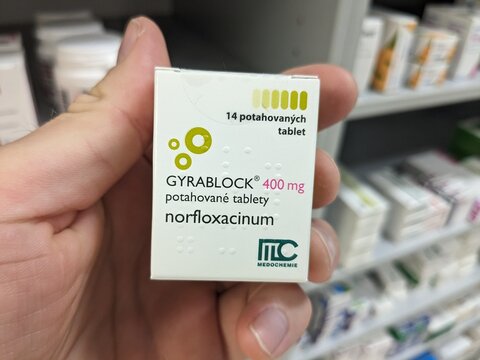 Prague,Czech Republic-July 13 2024: GYRABLOC tablets with CIPROFLOXACIN active substance by EGIS, used for bacterial infection treatment.