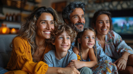 Fototapeta premium family watching television together at home