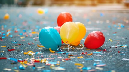 Celebratory balloons deflated on the ground, party aftermath