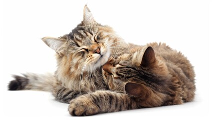 Obraz premium Cat grooming another feline, displaying social bonding on clean white backdrop, realistic image