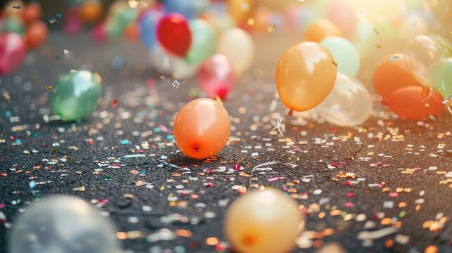 Celebratory balloons deflated on the ground, party aftermath