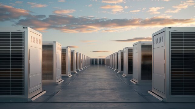 Battery storage units in a renewable energy facility, futuristic layout
