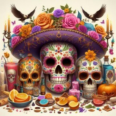 Fototapeta premium Dia de Muertos attributes detailed in photo realistic style 