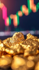 Glittering gold nuggets with a financial chart in the background, gold price increase,