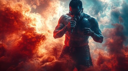 Fototapeta premium A powerful vocalist captivates the audience amidst colorful billowing smoke