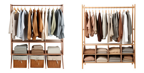 Set of wooden clothes organizer racks. Modern furniture solution. Isolated on a transparent background.