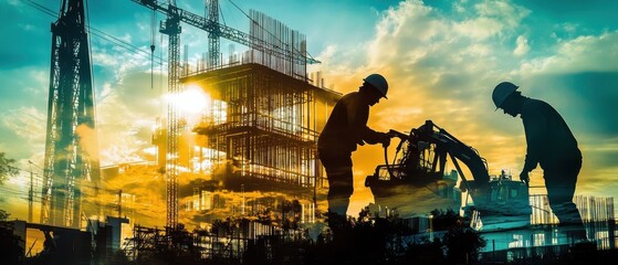 Double exposure of construction workers and machinery, sunset colors