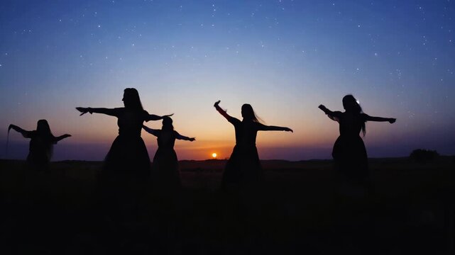 Summer Solstice Celebration with Women in Flower Crowns and Dresses in a Sunlit Field.