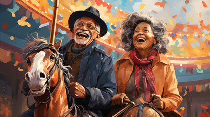 Fototapeta premium Happy senior couple enjoying the ride at fair
