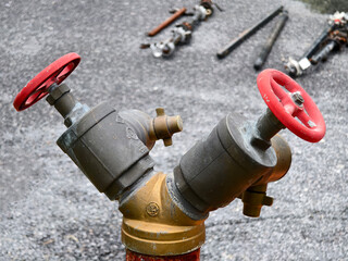 A detailed view of a fire hydrant with vibrant red handles