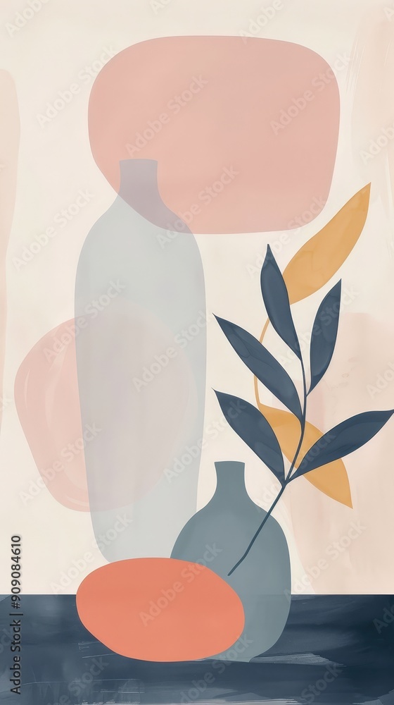 Poster pastel-colored abstract shapes and vases are arranged harmoniously with botanical elements in a sere