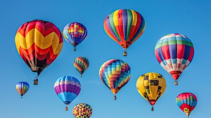 Obraz premium An array of brightly colored balloons in various shapes and sizes, floating against a clear blue sky