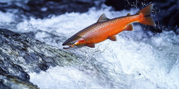  Vibrant Salmon Navigating Turbulent White Water Rapids in Northern Wilderness. Dynamic Wildlife Scene Capturing Strength and Determination of Migrating Fish in Pristine Nature, Perfect for Adventure 