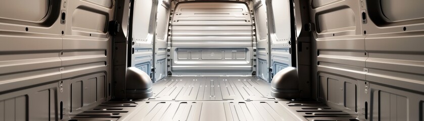 Spacious interior of a modern delivery van, showcasing a clean metal cargo area ready for transport and storage.