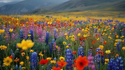 A field of wildflowers in full bloom, with a dazzling array of reds, yellows, purples, and blues