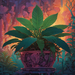 Obraz premium Asian influence in this illustration of large leaf potted plant, backlit. 