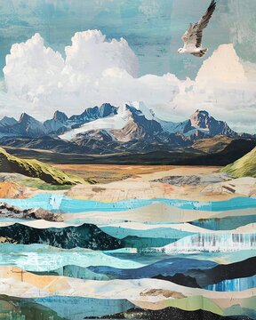 Craft a detailed landscape view collage with textured layers and subtle colors, focused on natural elements and open skies