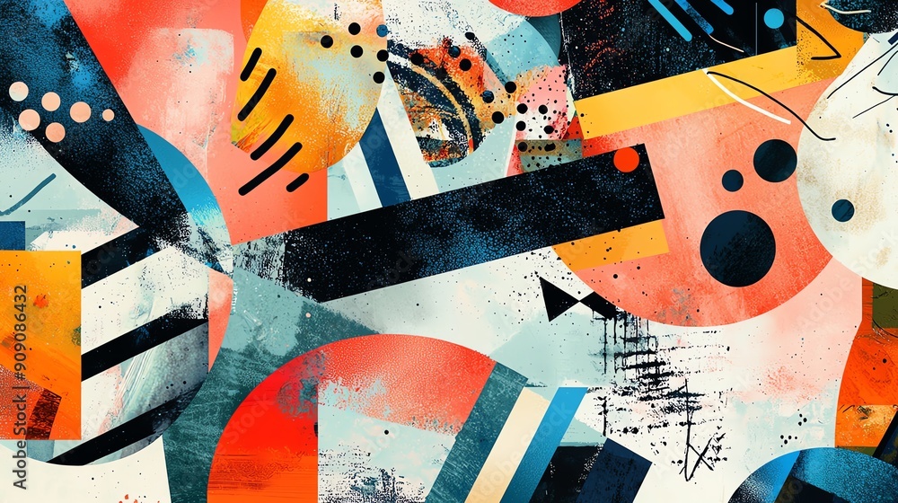 Poster create a striking aerial view of a modern collage art piece with abstract vector elements, featuring