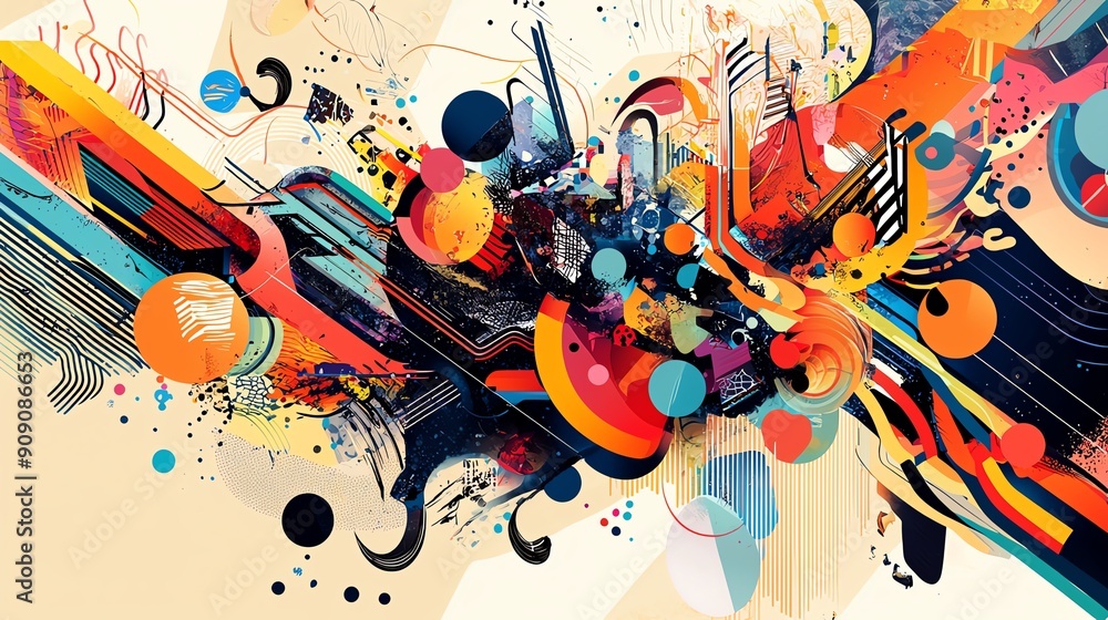 Poster create a striking aerial view of a modern collage art piece with abstract vector elements, featuring