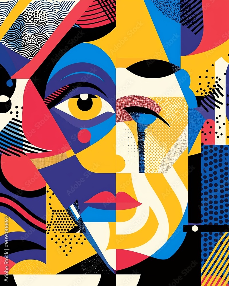 Poster craft a mesmerizing image of a detailed close-up vector art collage, using geometric shapes and vibr