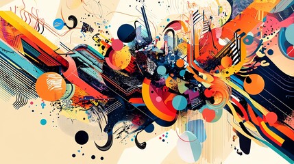 Create a striking aerial view of a modern collage art piece with abstract vector elements, featuring bold colors and intricate details