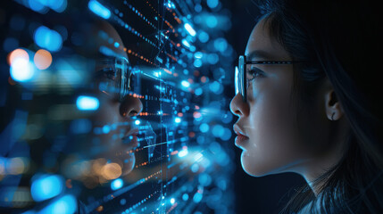 indian female IT specialist analyzing data information